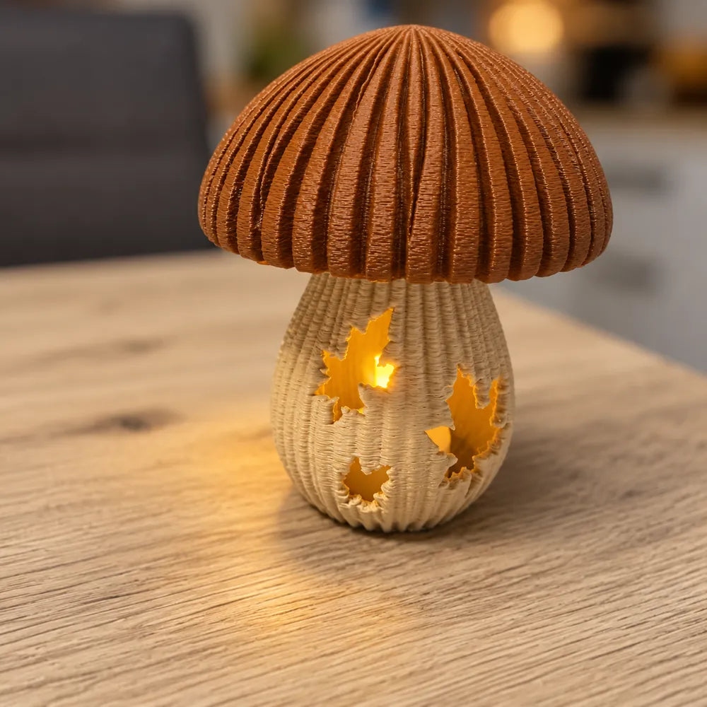 Beleuchtetes Pilz-Licht in Holzoptik mit brauner Kappe